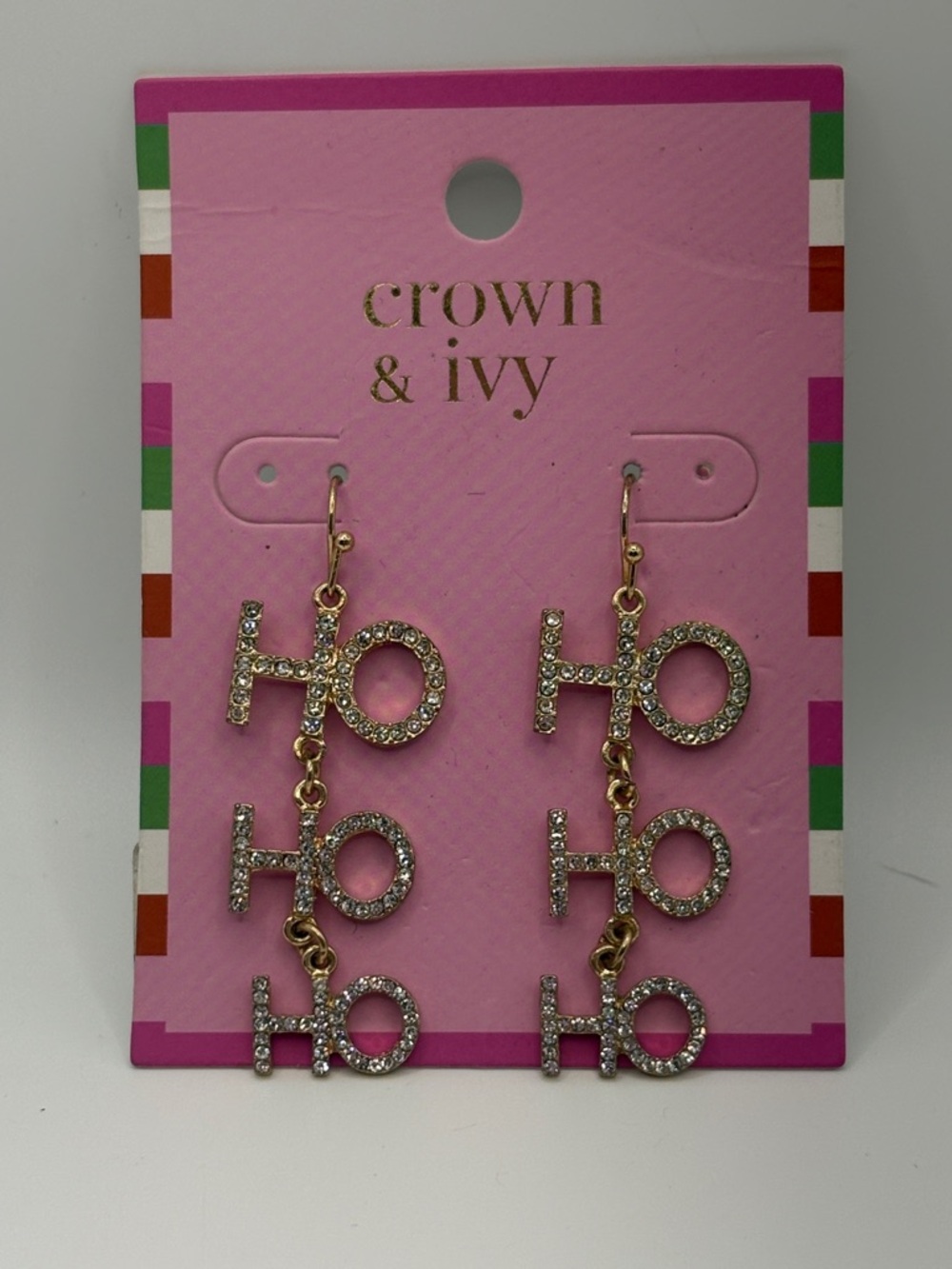 crown & ivy Gold-tone 'HO HO HO' Rhinestone Drop Earrings 2” long
